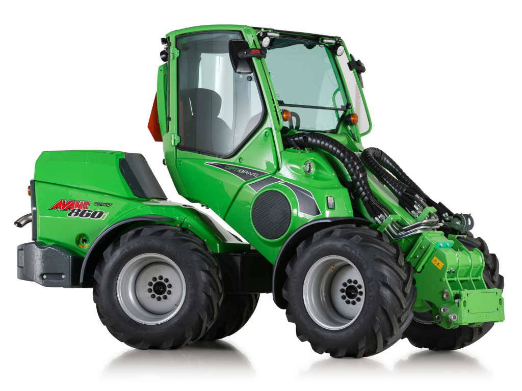 Avant kompaktlastare &ndash; Gr&ouml;n kompaktlastare med ledad styrning f&ouml;r m&aring;ngsidiga lyft- och lastarbeten.
